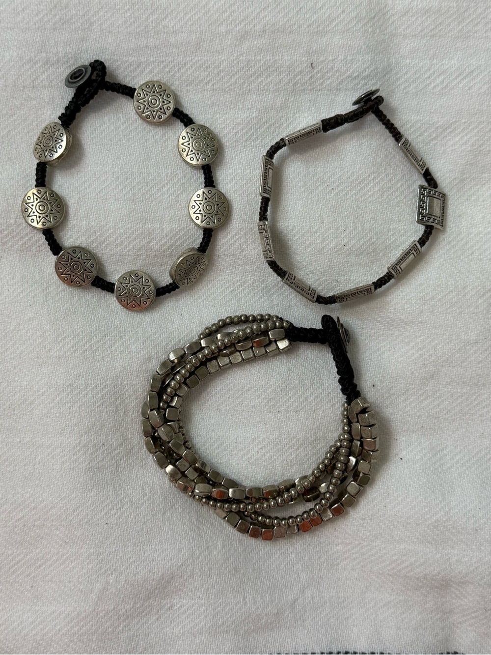 Silver-Tone Beaded & Medallion Bracelet Set - Black Cord